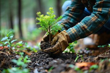 hands in brown gloves are planting a young tree with vibrant green needles in the forest soil - obrazy, fototapety, plakaty