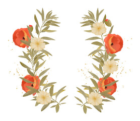 Watercolor of flower wreaths with neutral flowers and leaves