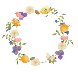 Watercolor of flower wreaths with neutral flowers and leaves

