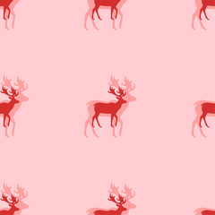 Seamless pattern of large isolated red deer symbols. The elements are evenly spaced. Vector illustration on light red background