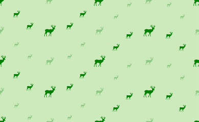 Seamless pattern of large and small green deer symbols. The elements are arranged in a wavy. Vector illustration on light green background