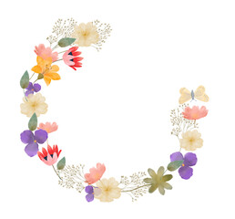 Watercolor of flower wreaths with neutral flowers and leaves
