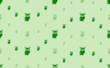 Seamless pattern of large and small green owl symbols. The elements are arranged in a wavy. Vector illustration on light green background