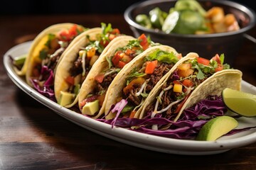 hard shell tacos with crunchy beef and garden vegetables - obrazy, fototapety, plakaty