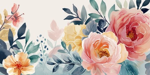 Beautiful watercolor  background with pastel flowers and leaves in warm colors