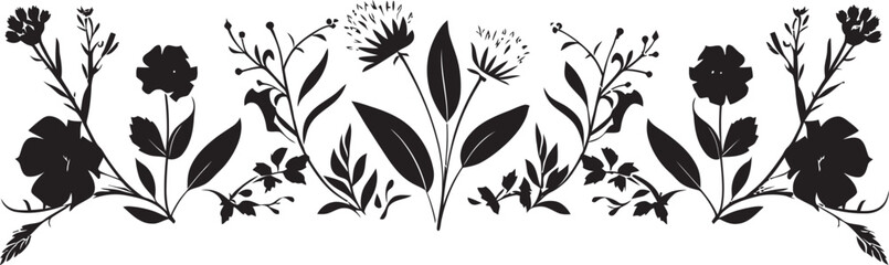 Obraz premium Botanical Silhouette Border Black Floral Icon Design Monochrome Garden Edging Floral Vector Logo