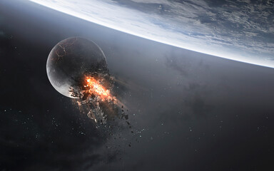 3D illustration of Moon exploding. High quality digital space art in 5K - realistic visualization