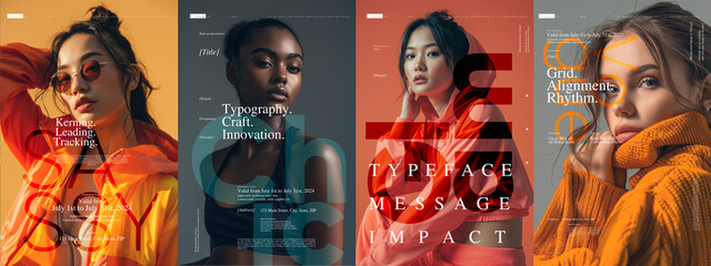 Typography poster design. Posters with four distinct fashion portraits, each overlaid with typography design elements and promotional text - obrazy, fototapety, plakaty