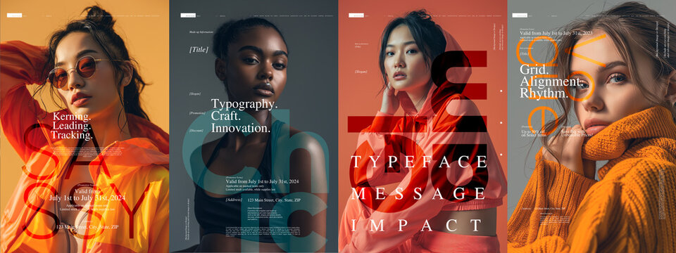 Typography poster design. Posters with four distinct fashion portraits, each overlaid with typography design elements and promotional text