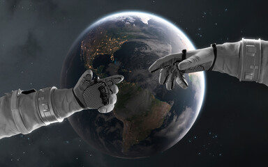 3D illustration of astronaut hand connecting. High quality digital space art in 5K - realistic visualization © Vadimsadovski