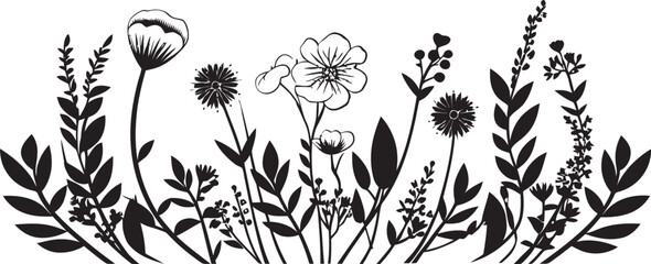 Monochrome Floral Frame Botanical Vector Icon Design Floral Noir Edging Black Vector Floral Border - obrazy, fototapety, plakaty