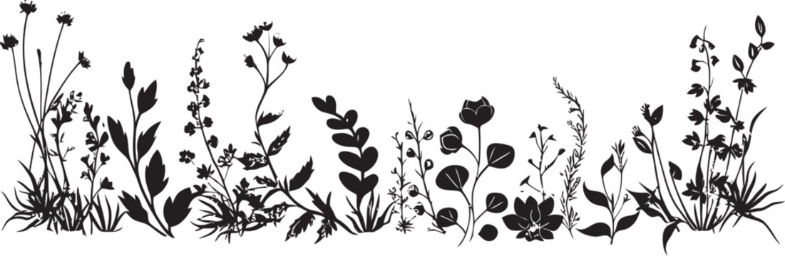 Ink Engraved Flora Perimeter Botanical Vector Icon Midnight Ink Blossoms Floral Border Vector Icon