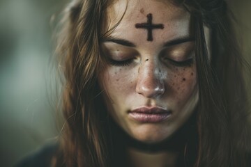 The symbol of a cross made of ashes on praying woman's forehead for Ash Wednesday - obrazy, fototapety, plakaty