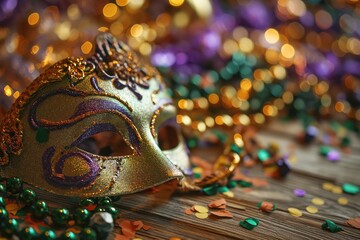 Fototapeta premium Top view of Mardi Gras carnival mask with feathers and beads decoration