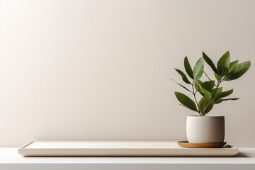 Still life, nature, interior and design concept. Green plant in pot placed on wooden pallet in front of bright blank wall background with copy space. Natural soft light - obrazy, fototapety, plakaty