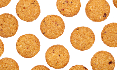 Set round, cereals integral whole wheat biscuit with oatmeal, with cranberry fruit and chopped hazelnut isolated on white, pattern