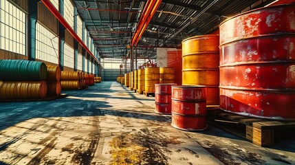 Barrel container. Industrial warehouse. Barrels for chemical products. Fuel storage. Pallets with barrels in hangar. Logistic warehouse chemical products - obrazy, fototapety, plakaty
