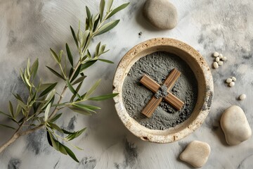 Christian cross and ash as symbol of religion, sacrifice, redemption of Jesus Christ. Ash Wednesday...