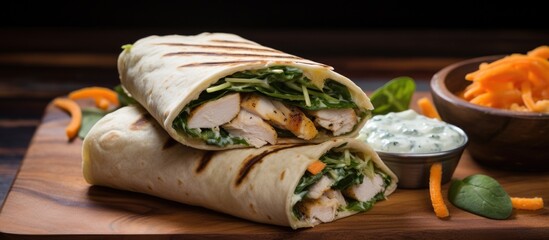 Grilled chicken wrap with tzatziki, spinach, and carrots. - obrazy, fototapety, plakaty