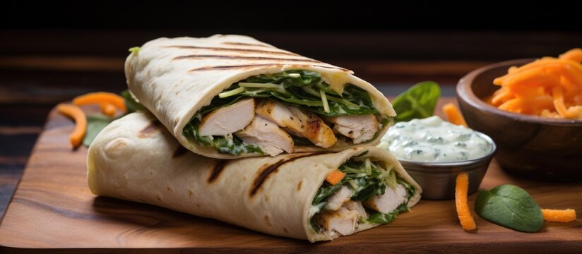 Grilled chicken wrap with tzatziki, spinach, and carrots.