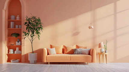 Peach fuzz room ,minimal interior livingroom. peach sofa with peach color paint wall. color of the year 2024 . Mockup background. 3d render