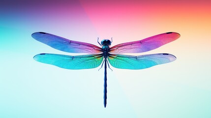  a dragon flys through the air in front of a multicolored background of blue, pink, and green.