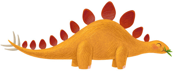 Cute stegosaurus children cartoon hand drawn illustration. Bright yellow dinosaur eating leaves