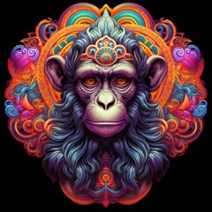 Abstract Colorful Monkey Animal God Mandala Bright Artistic Fantasy Mystique Digital Generated Illustration