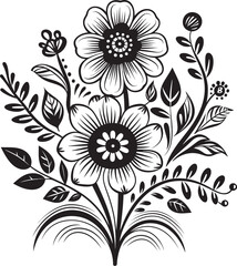 Botanical Sketch Black Doodle Emblem Artistic Floral Whimsy Monochrome Icon