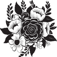 Classic Floral Arrangement Black Icon Whimsical Petal Dance Monochrome Emblem