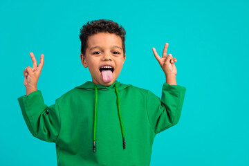 Portrait of friendly cheerful small boy with curly hair wear green hoodie show tongue v-sign...