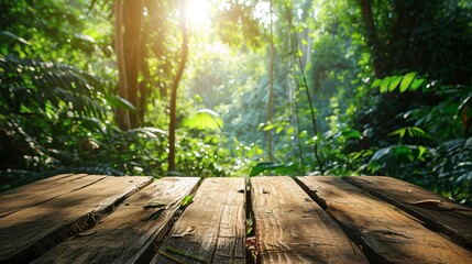 Wooden podium in tropical forest for product presentation and green background