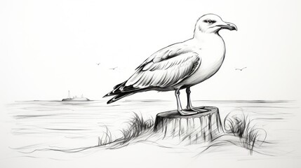 Obraz premium a black and white drawing of a seagull standing on a stump in the water with a boat in the background.