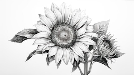  a black and white drawing of a sunflower with leaves on it's stem and a bee on it's head. - obrazy, fototapety, plakaty