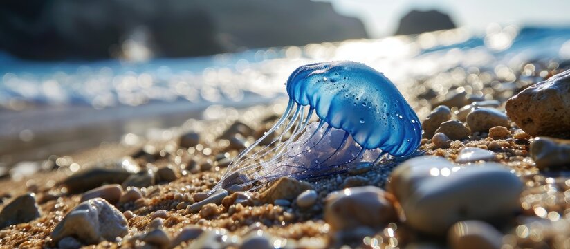 Blue jellyfish called velella or by-the-wind sailor found on Mediterranean beach.
