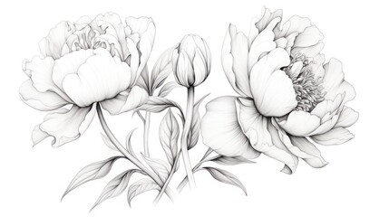  a black and white drawing of two peonies with leaves on the side of the peonies, and a single peonie on the other side of the peonies on the other side of the peoni.