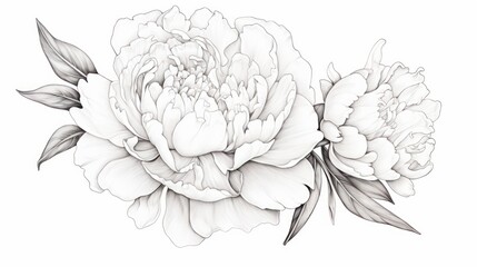  a black and white drawing of two peonies with leaves on the side of the peonie flower.