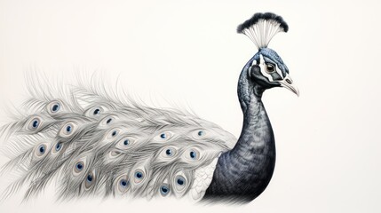 Fototapeta premium a drawing of a peacock with lots of feathers on it's back feathers are black, white, and blue.