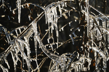 Icicles close up during freezing winter weather.