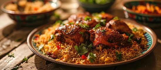 Chicken kabsa, a popular dish in Saudi Arabia, belongs to Arab cuisine. - obrazy, fototapety, plakaty
