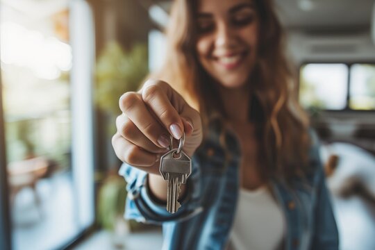 Mulher feliz com a compra do seu apartamento novo.