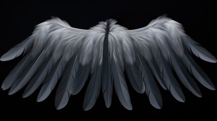  a black and white photo of an angel's wings on a black background with a reflection of the wing of a bird.
