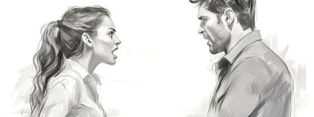 A sketch of a woman and a man in a heated discussion, facing each other with intense expressions - obrazy, fototapety, plakaty