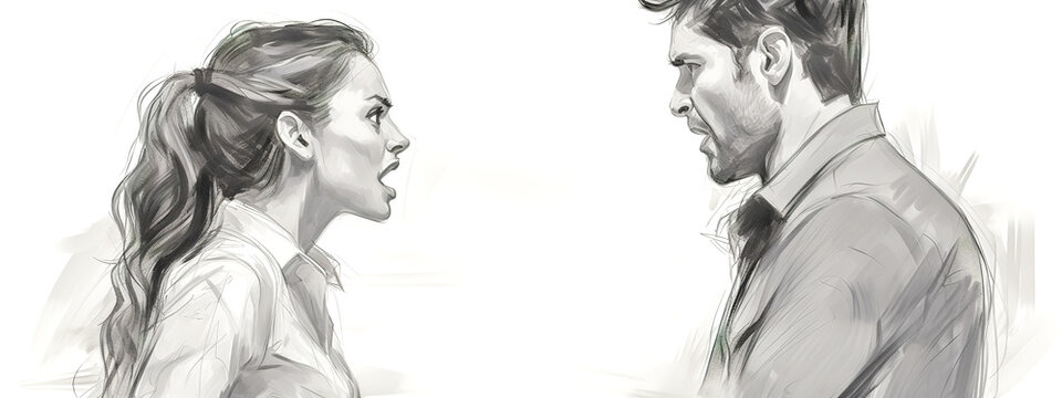 A sketch of a woman and a man in a heated discussion, facing each other with intense expressions