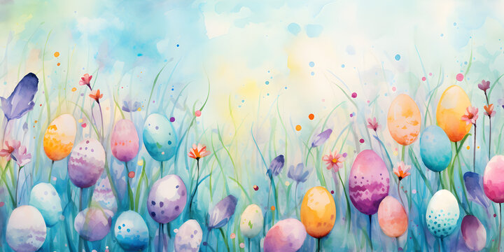 Abstract watercolor illustration background with colourful easter eggs
