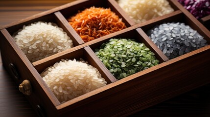  a close up of a box of rice with different colors of rice sprinkled on the inside of it.