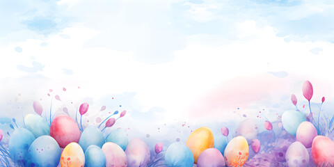 Abstract watercolor illustration with colourful easter eggs, background with copy space