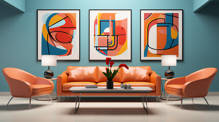 Modern living room - abstract styling - design and decor - orange leather furniture - high-end - stylish 