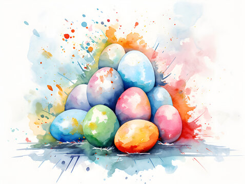 Abstract watercolor illustration background with colourful easter eggs