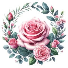 Beautiful pink rose round frame gor holiday card decor